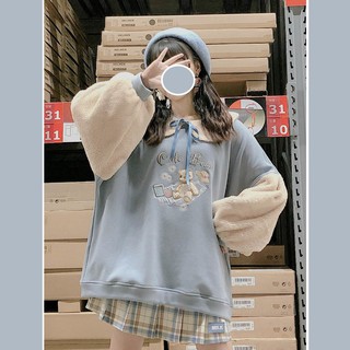 🔥Ready stock！นักเรียนหมีน่ารักญี่ปุ่นเกาหลีเสื้อไหมพรมแขนพองสีตัดกัน