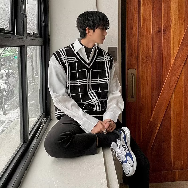 ถักเสื้อกั๊กผู้ชาย 3 สี ส-3เอ็กแอล ฤดูใบไม้ผลิฤดูใบไม้ร่วงเกาหลีรุ่นอินเทรนด์เสื้อกันหนาวคอวีตรวจสอบเสื้อกั๊ก เตรียมใจ สไตล์หลวมเสื้อกั