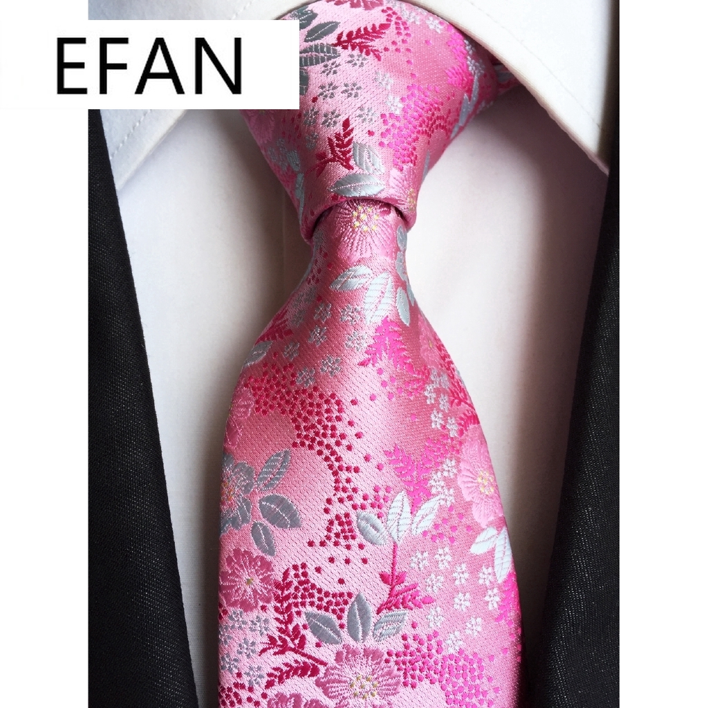 ใหม่หรูหราคลาสสิกดอกไม้สีชมพูสีขาว JACQUARD WOVEN 100% ผ้าไหมเนคไทผู้ชายเนคไท