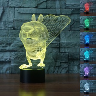 โคมไฟตั้งโต๊ะรูปร่างกระรอกแบบไล่โทนสี 7 สี 3D LED Night Light Squirrel Gift กระรอก