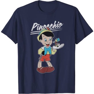 เสื้อยืดผ้าฝ้ายพรีเมี่ยม เสื้อยืด พิมพ์ลาย Disney Pinocchio and Jiminy Cricket