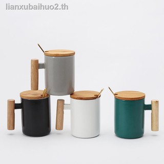 จุดด่างพร้อย℡☬New product mug ceramic coffee cup with lid spoon simple Nordic wooden handle office couple drinking cups for men and women