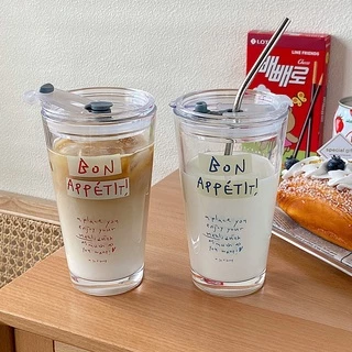 ถ้วยฟางแก้วตัวอักษรฝรั่งเศสและเกาหลีสไตล์อินฝรั่งเศส/แก้วคำสีฟ้า/ถ้วยน้ำผลไม้ความจุขนาดใหญ่/ถ้วยนมกา