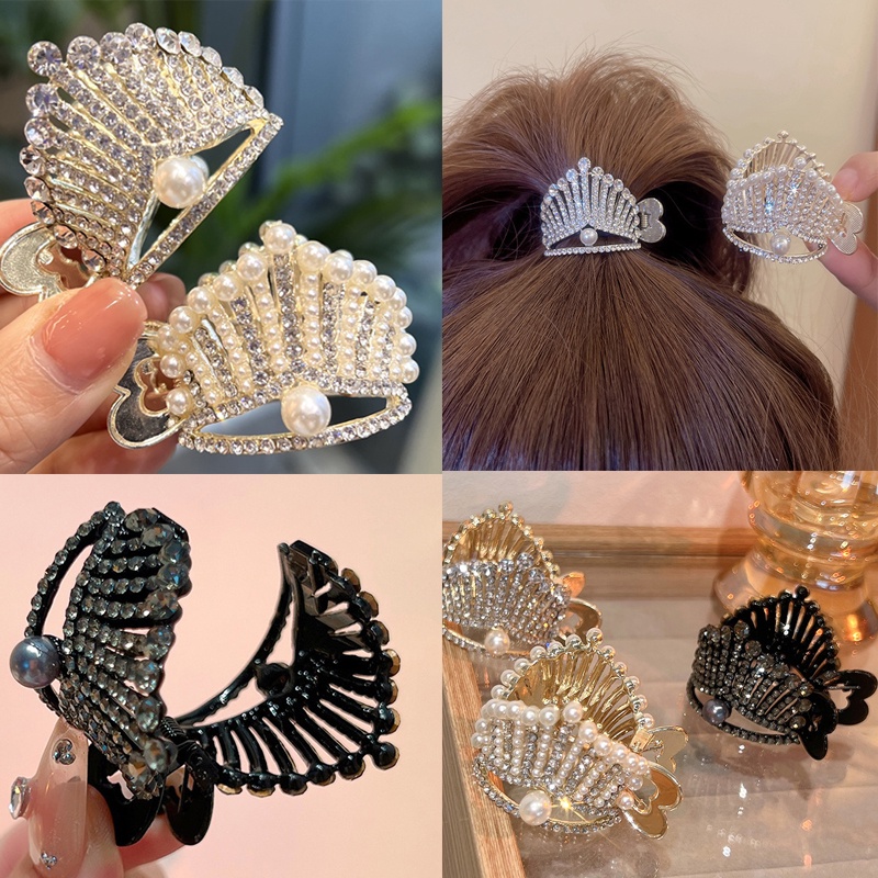 Rhinestone Crown Hairpin ผูกผมหางม ้ าสูงขนาดเล ็ กกิ ๊ บผมมุก Chaw อุปกรณ ์ เสริมผม