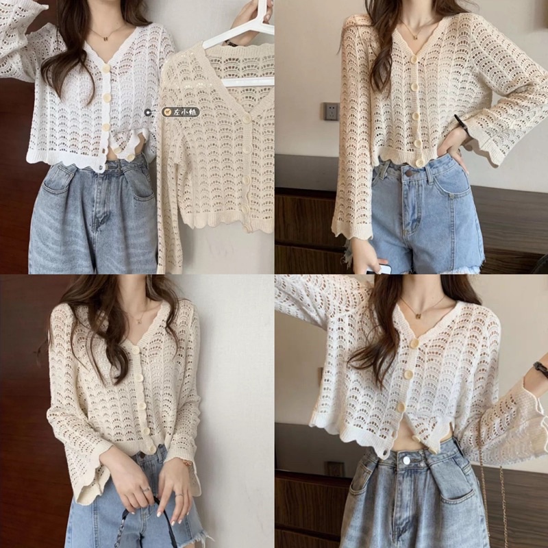 onnie เสื้อไหมพรมตาข่ายแขนยาวใส่ไปทะเลเริ่ดปัง