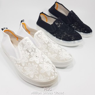 [รับCode12%⚡เพียงกดติดตามร้าน❤️] ผ้าใบลูกไม้Lace ทรงSlip On ผ้าชีฟอง [WX]