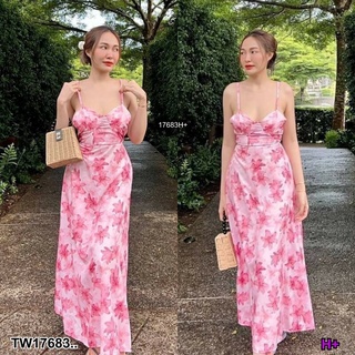 Maxi Dress แม็กซี่เดรสสายเดี่ยวสานหลัง ซิปหลังและยางยืด ผ้าไหมอิตาลี่ลายดอกไม้สวย   AP17683