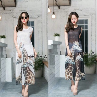 เดรสยาวแขนกุดพิมลาย3D