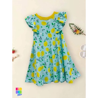 KiddeeCrew ชุดกระโปรงระบายแขน ลายเลม่อน สีฟ้า Blue Lemon Print Dress เหมาะสำหรับอายุ 2-10 ปี