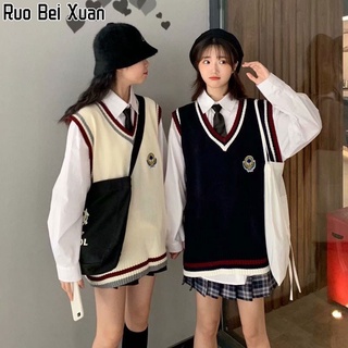 RUO BEI XUAN เสื้อกั๊กถักแขนกุดคอวีสตรี 2022 ฤดูใบไม้ร่วงและฤดูหนาวใหม่โรงเรียนมัธยมหญิงวิทยาลัยสไตล์สดเสื้อกันหนาวขนาดเล็กเสื้อกั๊ก