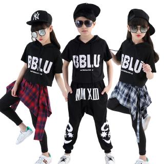 2Pcs Boys Girls Hip Hop Street Clothing Set Letter Print Top Skirt Legging Pants Jazz Dance Costume Casual Sportwear