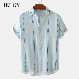 Ielgy เสื้อเชิ้ต คอปกโปโล แขนสั้น สไตล์วันหยุด ลําลอง สีฟ้า สําหรับผู้ชาย