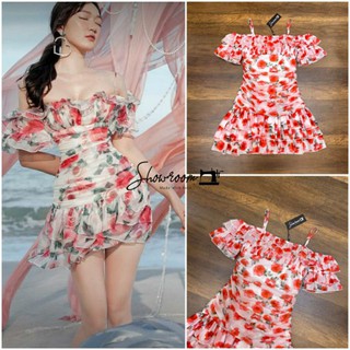 showroombrand: Flower Blossom Shoulder Dress มินิเดรสปาดไหล่แต่งระบาย