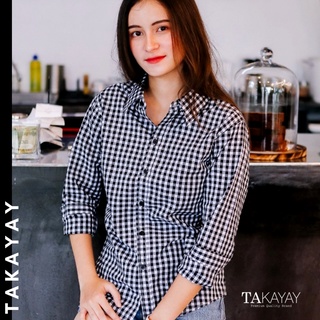 takayay brand เชิ๊ตคอตตอน ลายสก๊อตสีดำกลาง 36-54 นิ้ว