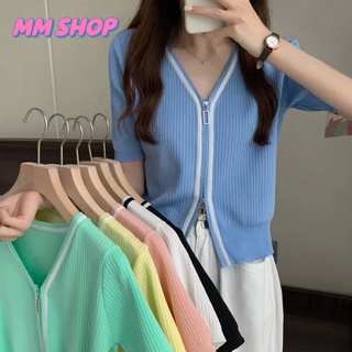 MM shop❤️#47095 พร้อมส่ง เสื้อคอปกแขนสั้นไหมพรม เเต่งซิ๊บ​ รูดได้จริง​​