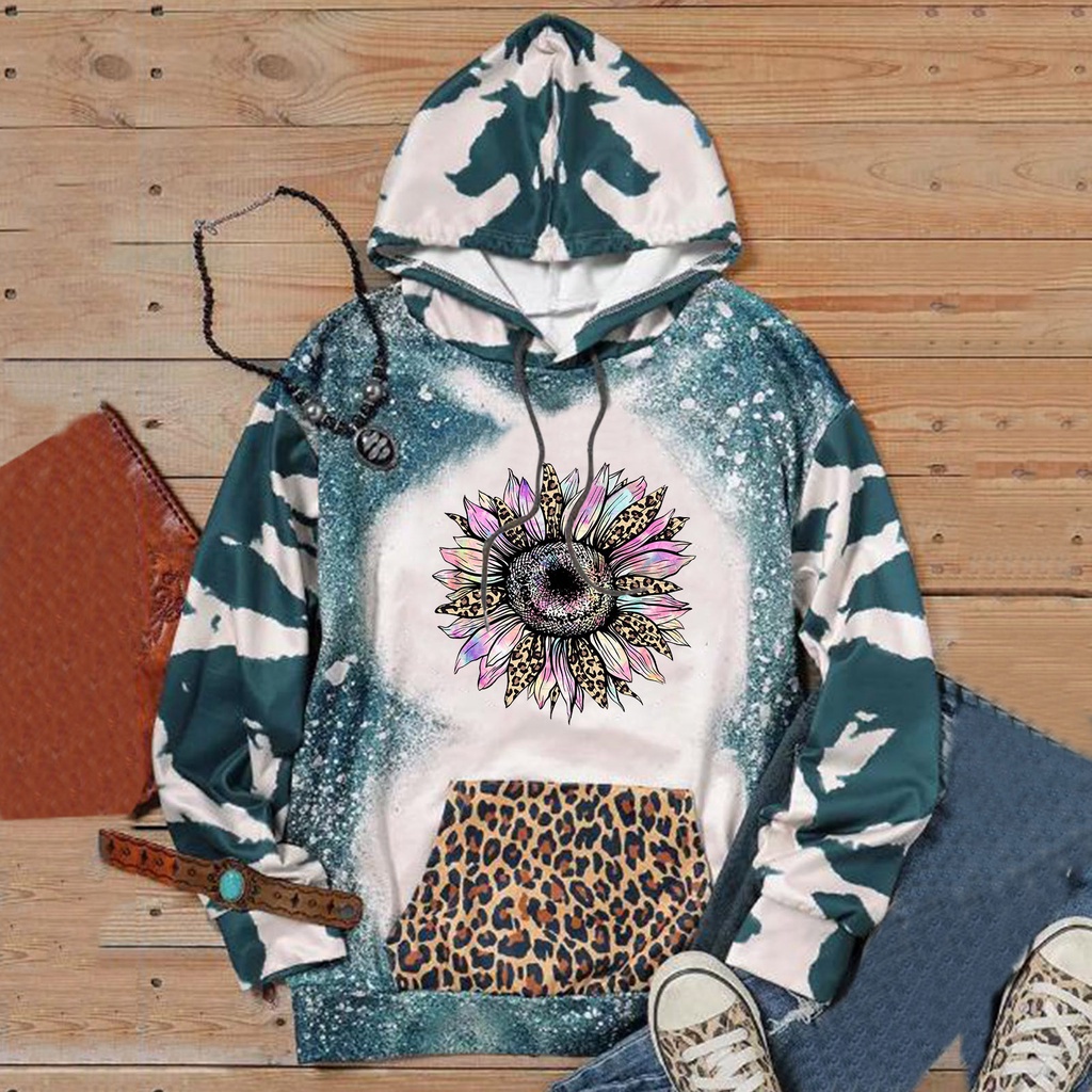 cocoday  Women Tie Dye Casual Patchwork Sunflower Print Hooded Sweatshirt With Pockets Leopard Hoodie #7