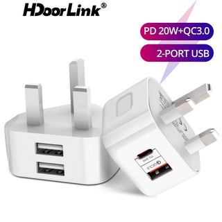 Hdoorlink อะแดปเตอร์ชาร์จ USB 5V2A PD20W+QC3.0 5V1A ปลั๊ก UK สําหรับเดินทาง