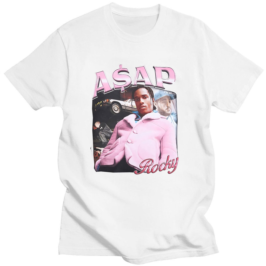 คอลูกเรือเสื้อยืดคอกลมเสื้อยืดแขนสั้น ผ้าฝ้าย พิมพ์ลายกราฟฟิค Asap Rocky Portrait สีขาว แฟชั่นฤดูร้อ