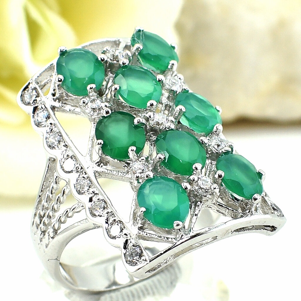 SKJewelryFactory แหวนหน้าสี่เหลี่ยม พลอยกรีนอะเกทแท้ เหมาะใส่นิ้วกลางหรือนิ้วนาง ER00841-GAG