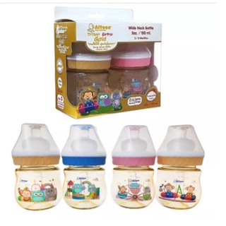 ขวดนมคอกว้าง สีน้ำผึ้ง Attoon Extra Gold 5 ออนซ์ แพ็ค 2 ขวด จุก Anti Colic