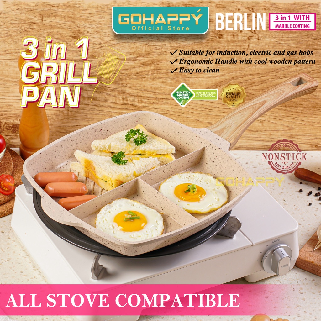 Berlin Grill 3 IN 1 Go happy Cooking Pan - กระทะย่าง 3 ช่อง 28 ซม. call superpan