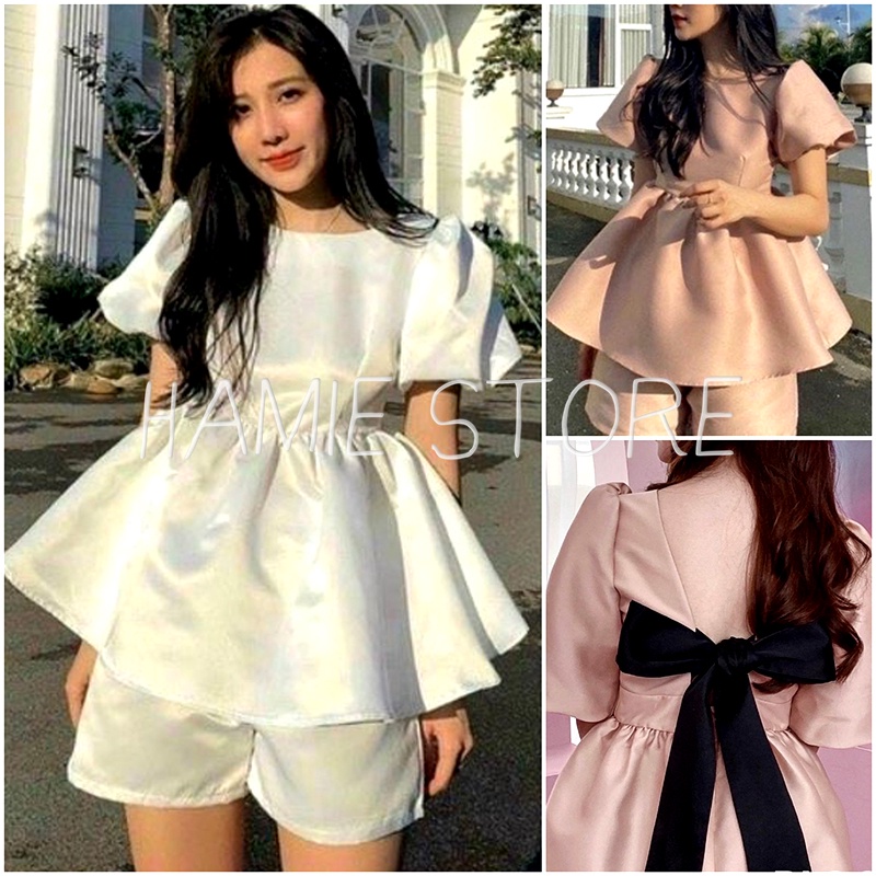 เกาหลี ชุดเซทเสื้อพลีทแขนพัฟ HSE129, เบบี้ดอลล์ ชุดสําหรับสุภาพสตรีออกไป, กางเกงขากว้างเอวสูง, เสื้อ