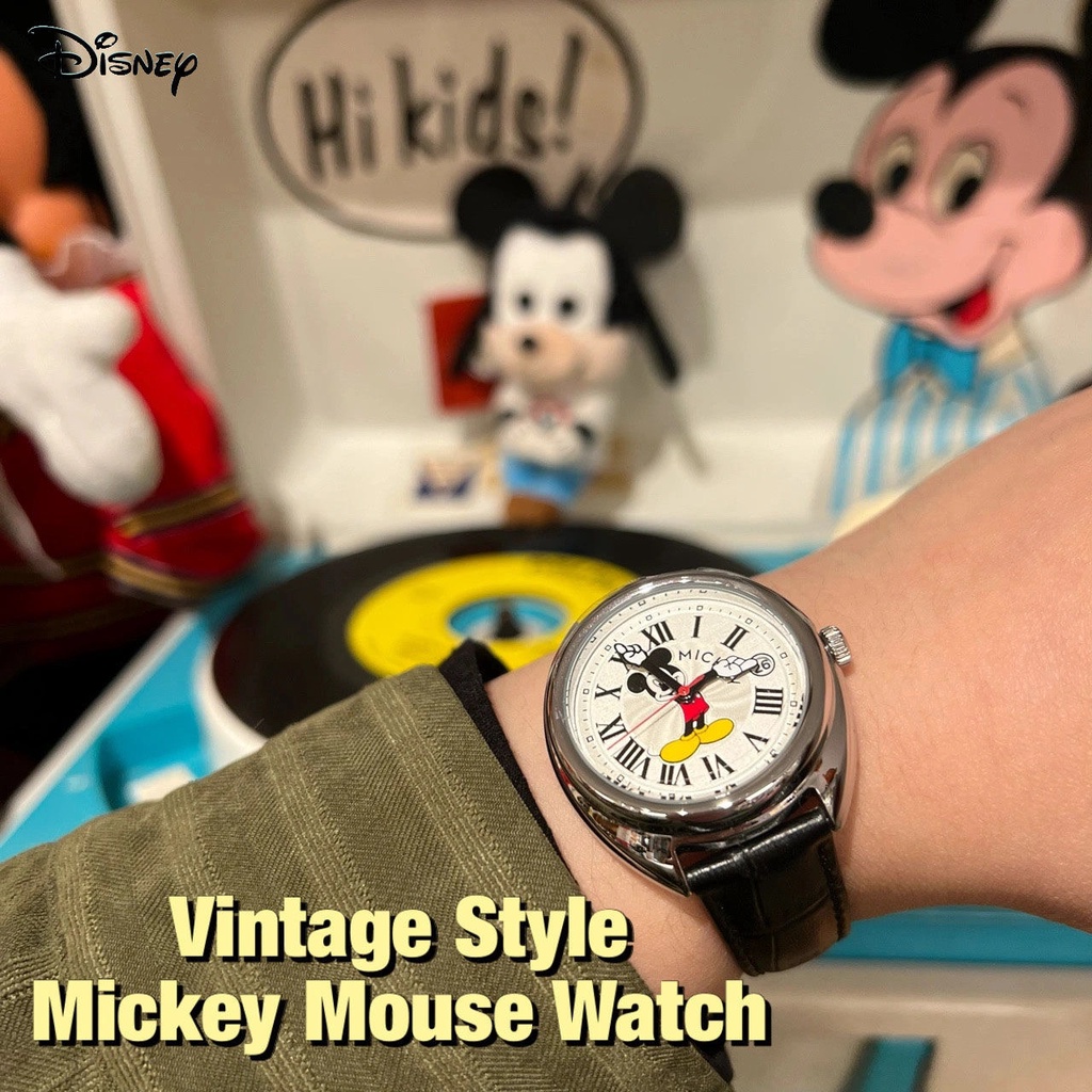 ของแท้ Disney นาฬิกาข้อมือควอตซ์แฟชั่น หน้าปัดบอกเวลา ปฏิทิน ลายมิกกี้เมาส์ สไตล์โบราณ สําหรับเด็กผู้หญิง และผู้ชาย