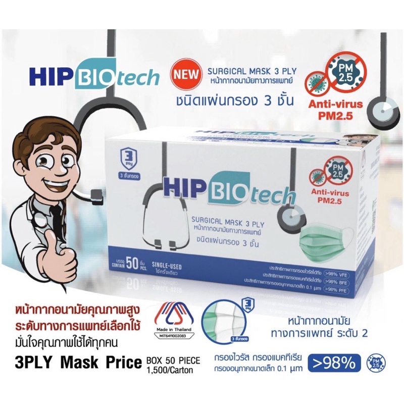 หน้ากากอนามัยทางการแพทย์ Hip biotech Surgical mask 3 ply (สีเขียว)
