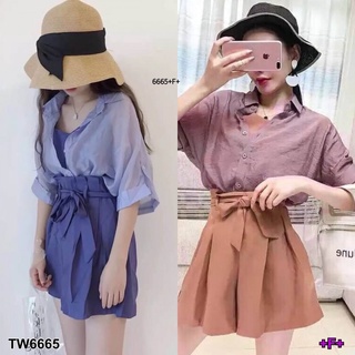 👗Pfashion [ส่งไว!!🚛] P6665 Set 3 ชิ้น เสื้อเชิ้ต+สายเดี่ยว+กางเกงผูกเอว  Set of 3 pieces: shirt + singlet + wa