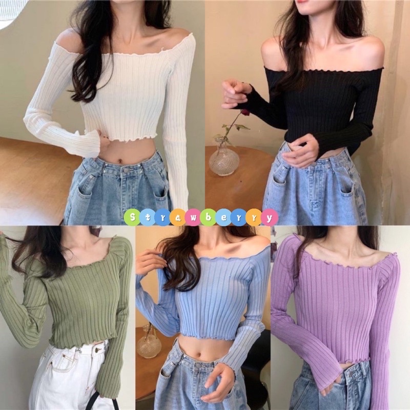 พร้อมส่ง เสื้อปาดไหล่ ครอปเเขนยาว ผ้าร่อง เสื้อไหมพรมแขนยาว-ปาดไหล่ใส่ได้สองแบบ
