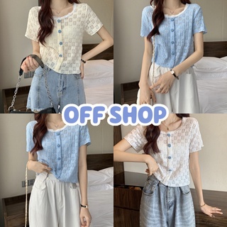 OFF SHOP พร้อมส่ง (OFF-67100) เสื้อแขนสั้นไหมพรม ลวดลายดอกไม้น่ารักผ้าซีทรูเบาบางใส่สบาย