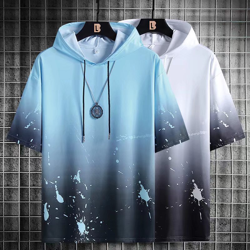 【M-5XL】เสื้อยืดแขนสั้น มีฮู้ด ลายหมึกกระเด็น แฟชั่นฤดูร้อน สําหรับเด็กผู้ชาย และผู้หญิง COD