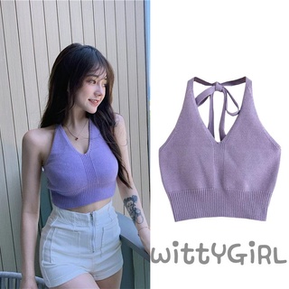 W[]-Women´s Halter Tank Tops, Trendy Sleeveless V Neck Solid Color Knitted Crop Tops