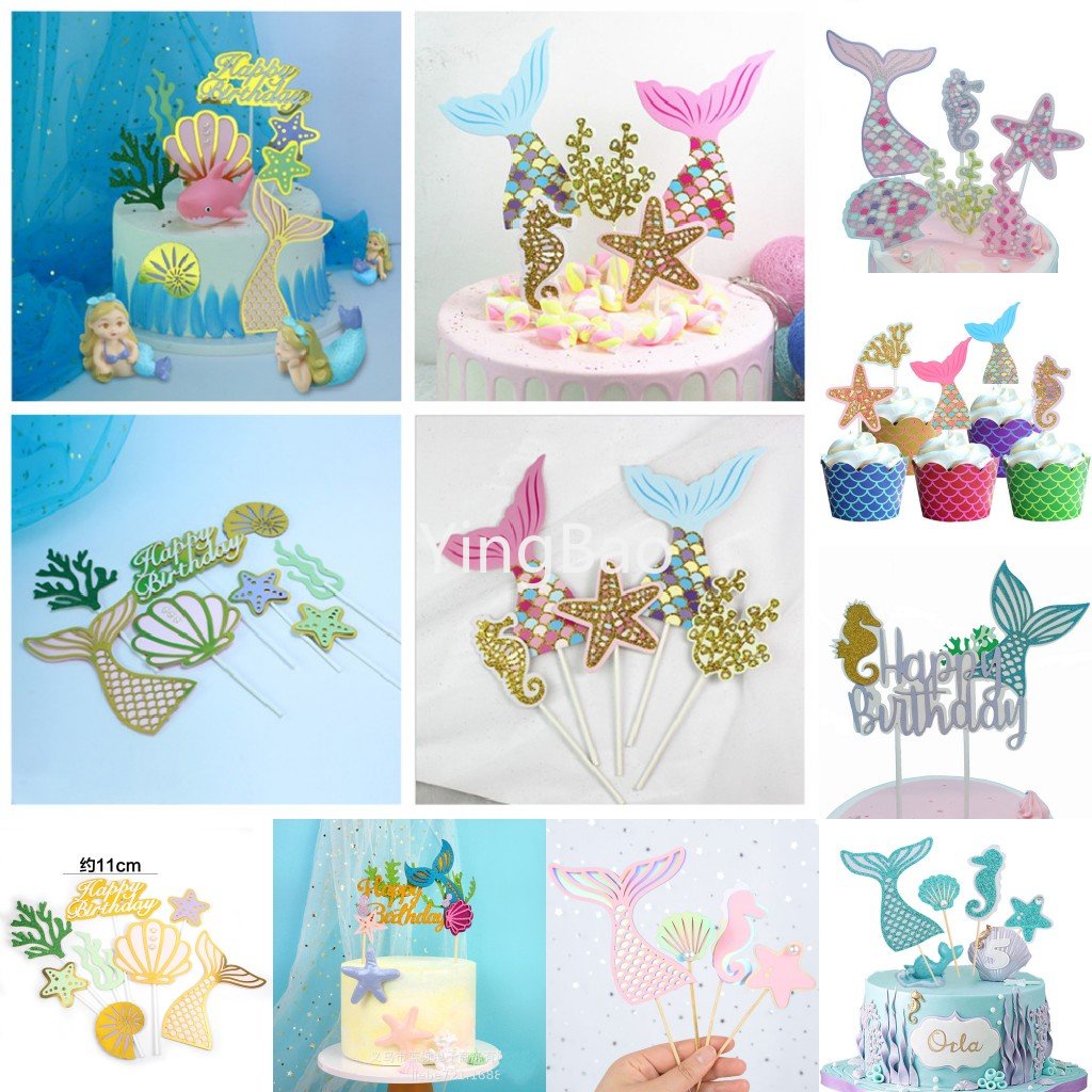 4 ชิ้น/5 ชิ้น/6 ชิ้น Mermaid Tail ปลาดาวเค้ก Toppers ธง Ocean Theme เด็กวันเกิดตกแต่ง Cupcake Topper งานแต่งงานเด็กอุปกรณ์อาบน้ํา