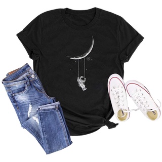 แขนสั้นcrew neck2021 ข้อเสนอพิเศษ NASA Logo ช่องว่าง NASA Shirt Women Cute Astronaut Moon Space Graphic Short Sleeve Tee