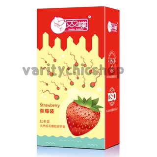 ถุงยาง สูตร Strawberry กลิ่นสตอเบอรี่ แบบเรียบ ไม่มีสี  1 กล่องมี 10 ชิ้น (52mm) ถุงยางบางเฉียบ ถุงยางอนามัย*ไม่ระบุชื่อ