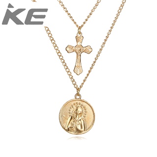 Vintage Double Cross Chain Alloy Holy Maiden Pattern Pendant MultiNecklace for girls for women