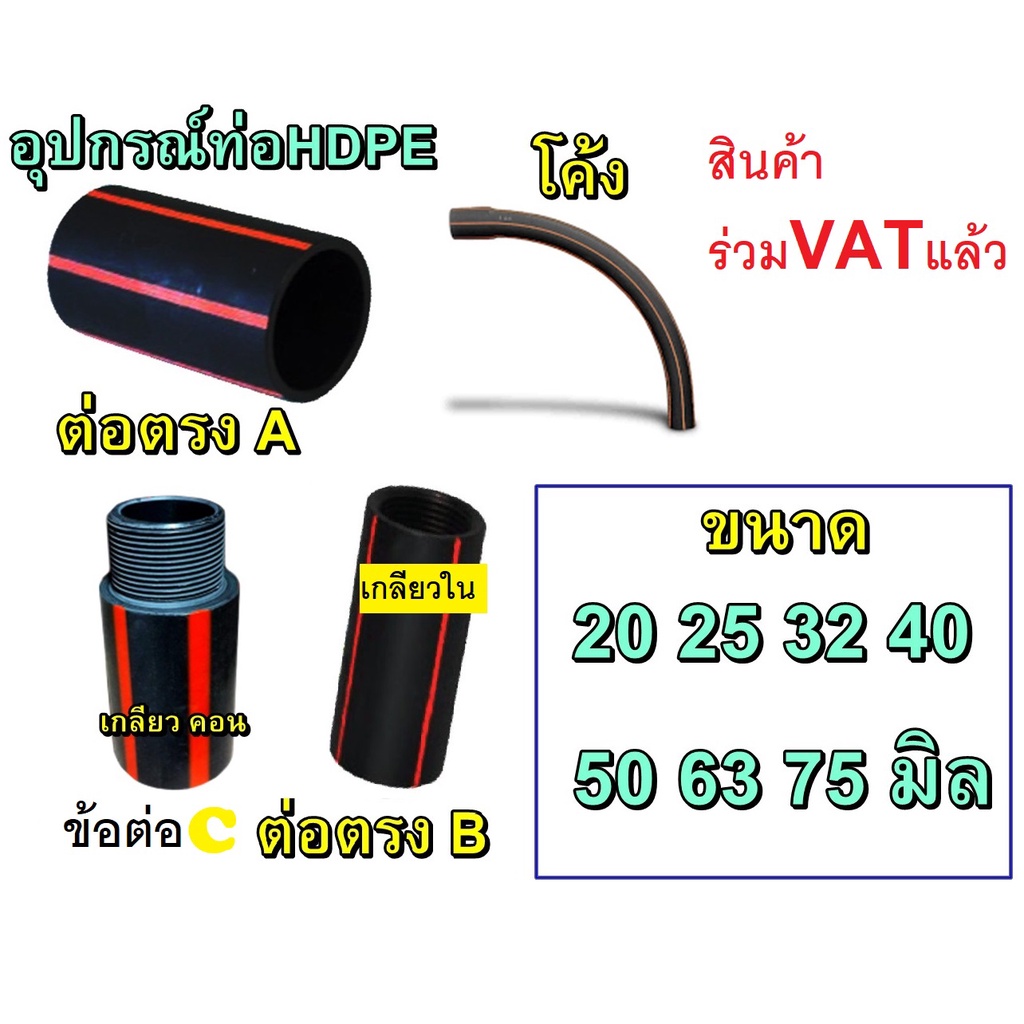 อุปกรณ์ HDPE ต่อตรง A คอนเนตเตอร์ B โค้ง ฝั่งดิน ท่อฝั่งดิน เลือกขนาดได้ 20 25 32 40 50 63 75 มิล สิ