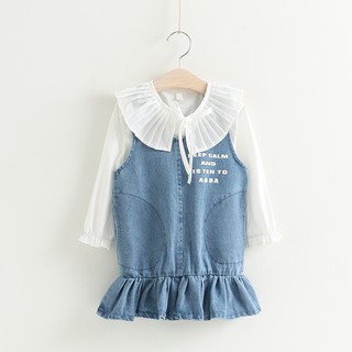 ✅พร้อมส่ง✅ ชุดเซตเสื้อแขนยาวสีขาว เดรสกระโปรงยีนส์สีอ่อน