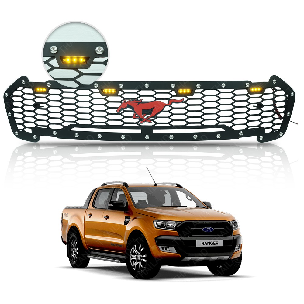 กระจังหน้า v.2 มีไฟ LED เหลือง ม้าแดง สีดำ, แดง 1 ชิ้น สำหรับ ฟอร์ด Ford เรนเจอร์ Ranger ปี 2015 2016 2017