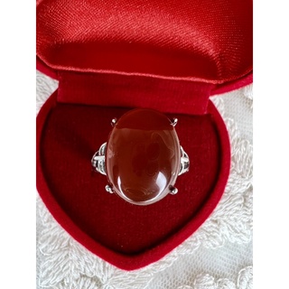 แหวนโลหะสีเงิน ฝังโมราส้มธรรมชาติ Red Agate เบอร์ 6.5