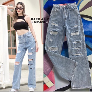 Back Up Jeans BU 6408 กางเกงยีนส์ผ้าด้านเอวสูงแต่งขาขาดฟอกสี