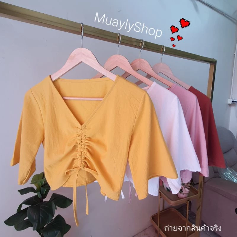 เสื้อครอปแขนสั้น คอวี ลินิน ลายสก๊อต/ปัก มินิมอล thumbnail 4
