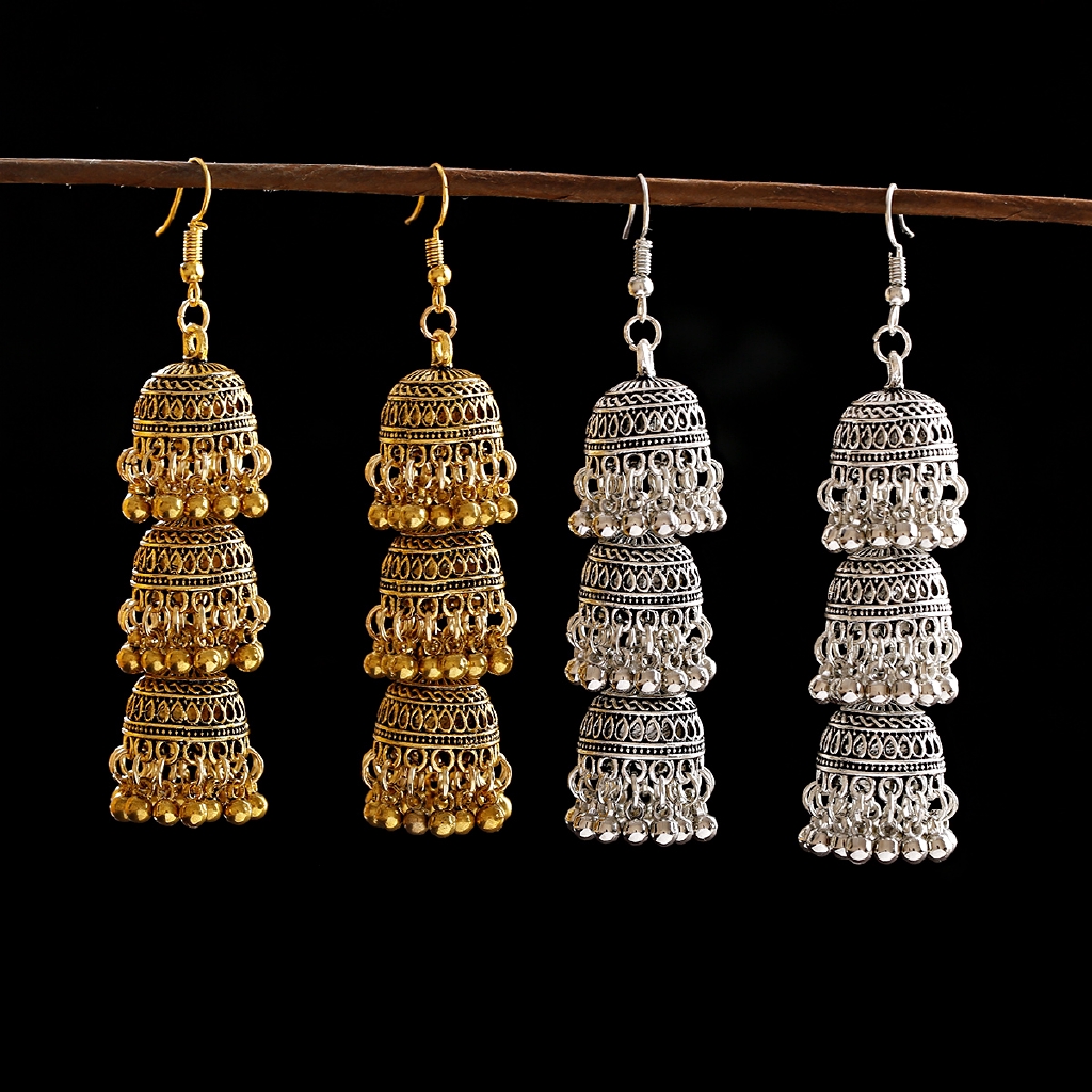 อียิปต์ผู้หญิง Vintage Gold Silver Jumka ต่างหูเครื่องประดับอินเดีย Bells พู่ต่างหู Tribal Gypsy