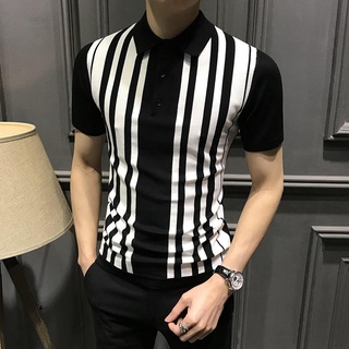 Summer light luxury business casual slim knit short-sleeved polo shirt male Britishtrend brand slim lapel solid color T-