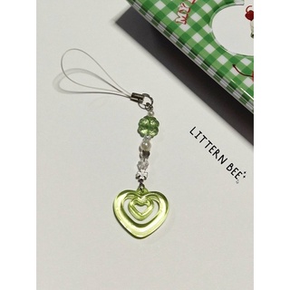 keychain พวงกุญแจลูกปัด สายห้อยโทรศัพท์ รูปใบโคลเวอร์ จี้หัวใจสีเขียว