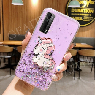เคสโทรศัพท์ Huawei Y7a Phone Case 2020 Cute Cartoon Unicorn Glitter Bling Transparent Softcase Casing Full Stars With Water Stand Holder HuaweiY7a Back Cover