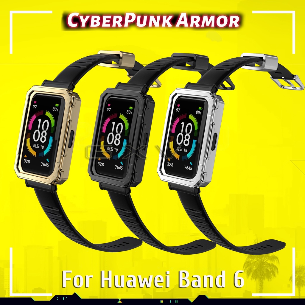 Armor Plating Protective Case Strap for Huawei Band 6 Wristband for Honor Band 6 TPU Band with Metal Ring