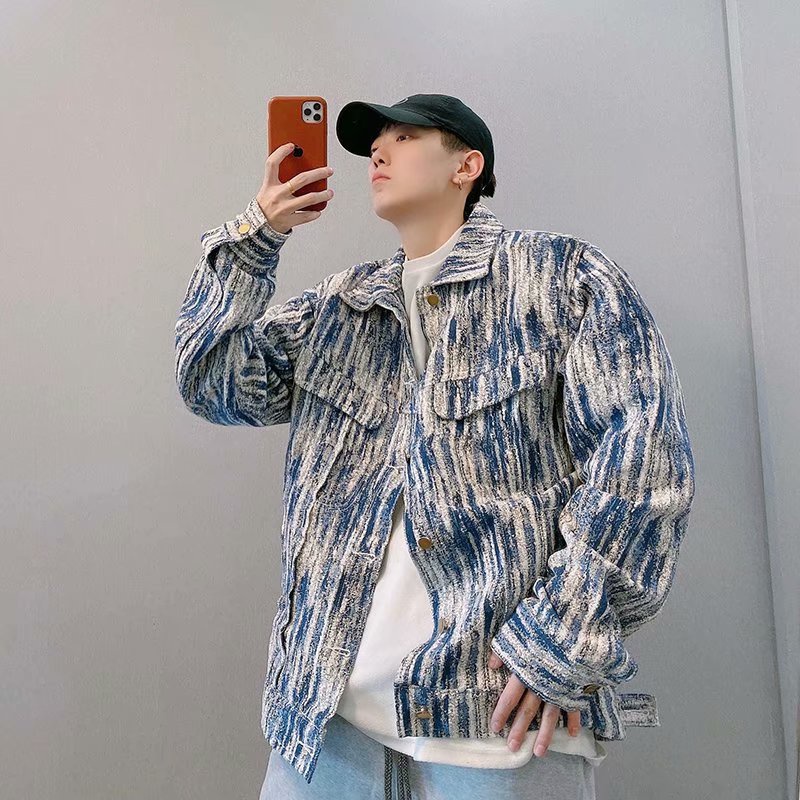 ผูก-ย้อม เดนิม แจ็คเก็ตสไตล์ฮาราจูกุโดยรวมแจ็คเก็ตด้านบนคู่เสื้อหลวมแจ็คเก็ตยีนส์แจ็คเก็ตผู้ชายชนแจ็คเก็ตฤดูใบไม้ร่วงฤ