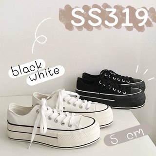 SS319 รองเท้าผ้าใบส้นเตารีด/ตึกหนา สไตล์มินิมอล ทรงคลาสสิก สีดำ/ขาว